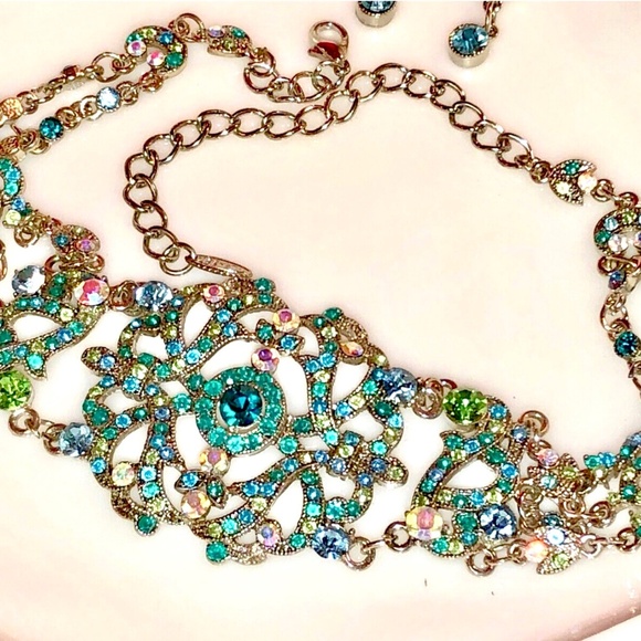 Vtg 2003 VCLM Noblesse Austrian Crystal Teal Turquoise Choker Earrings Set NIP - Picture 12 of 12